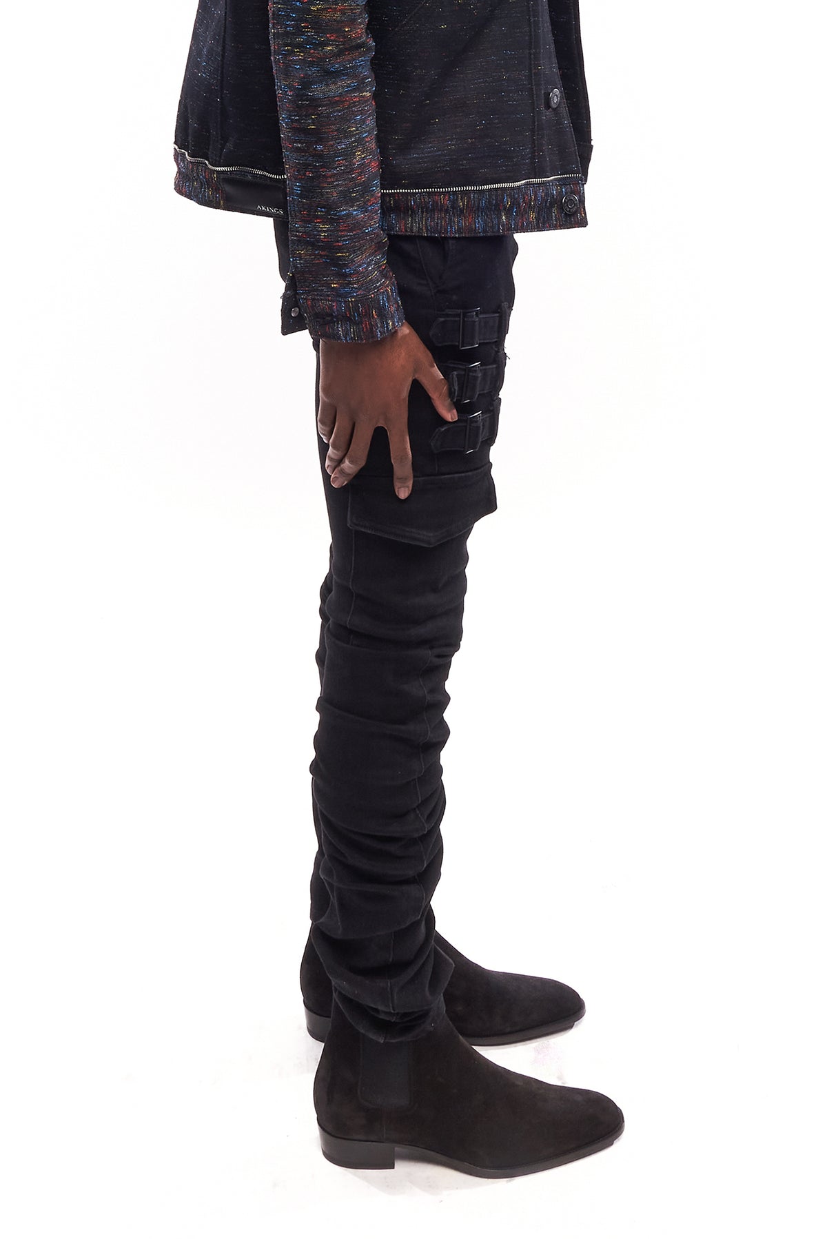 full side view of BLACK OMARI STACKED JEANS
