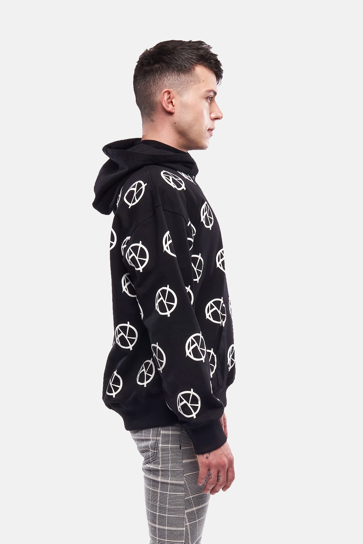 side view of anarchy multi logo hoodie 