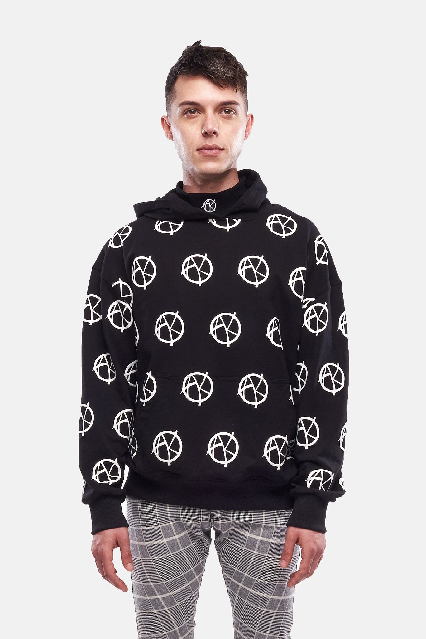 logos printed across chest and arms
