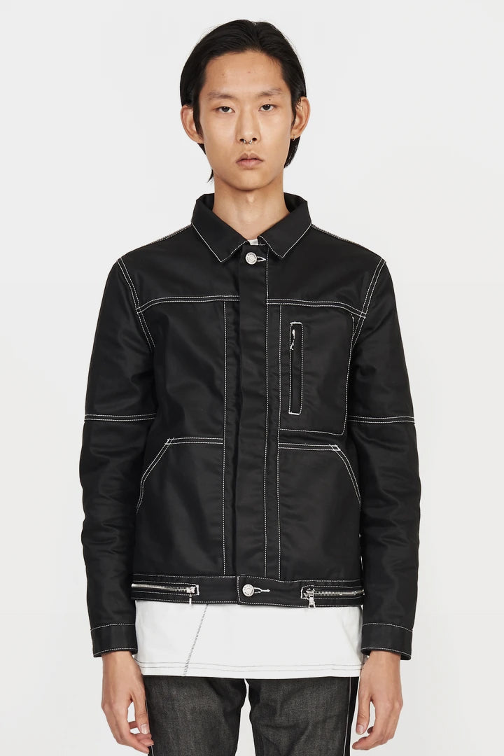 Front view of AKINGS Victor Black Waxed Jacket, waxed finish, zip and collar