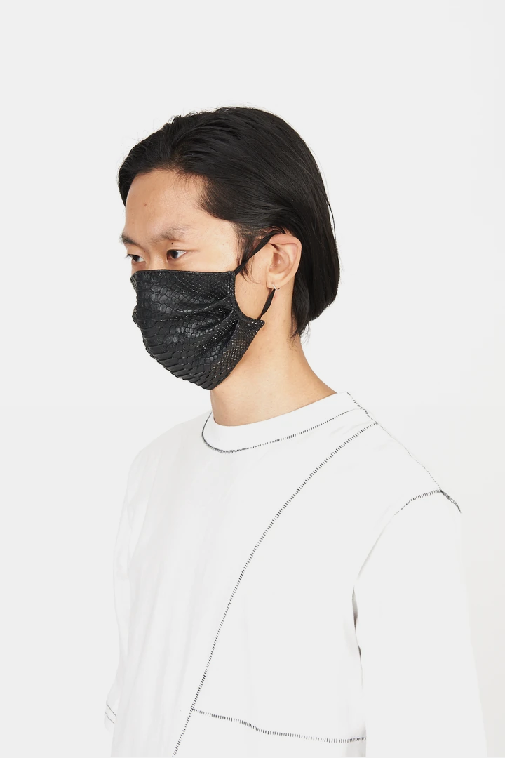 Model wearing VEGAN PYTHON FACE MASK 