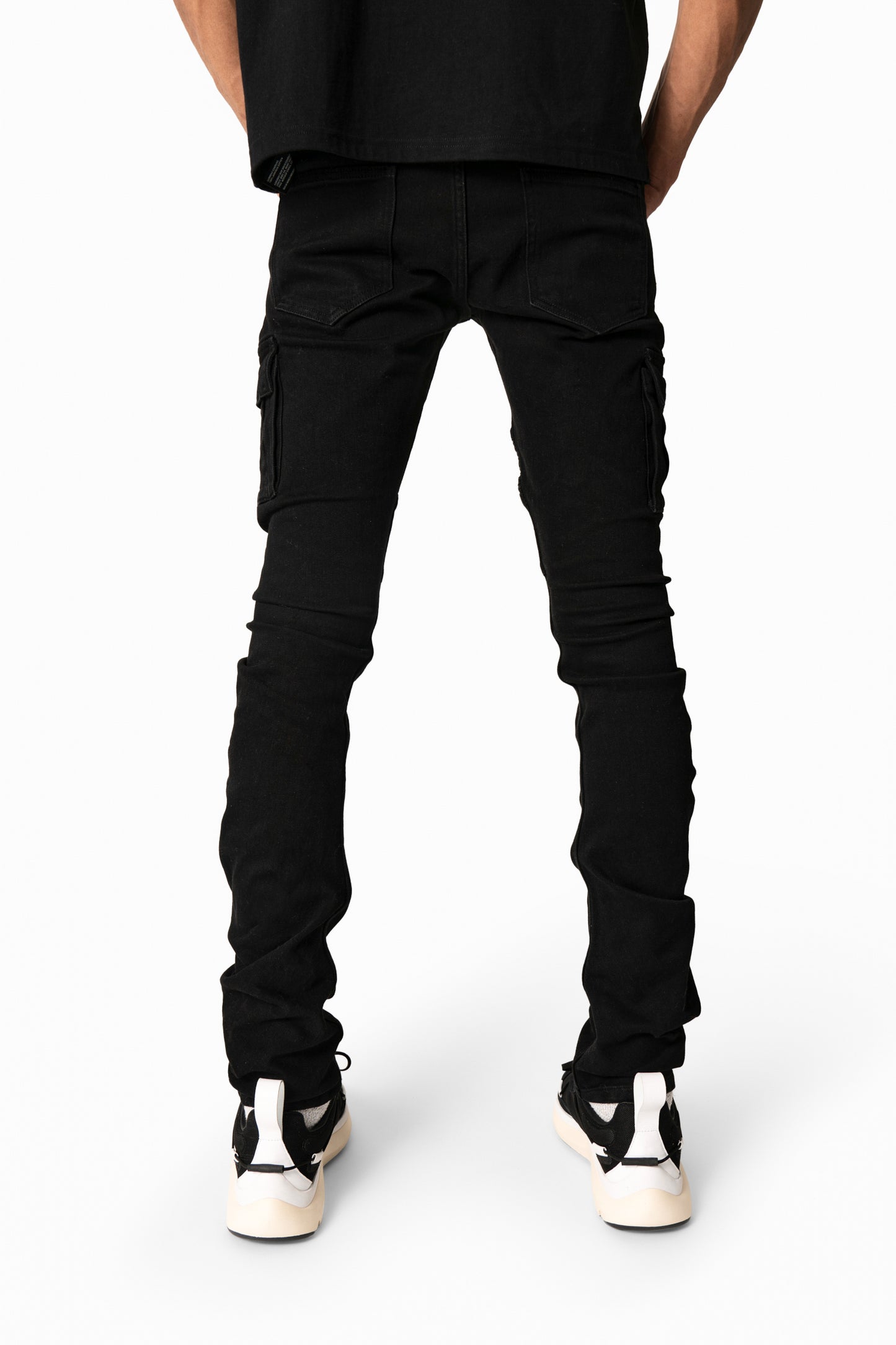 back view, black denim