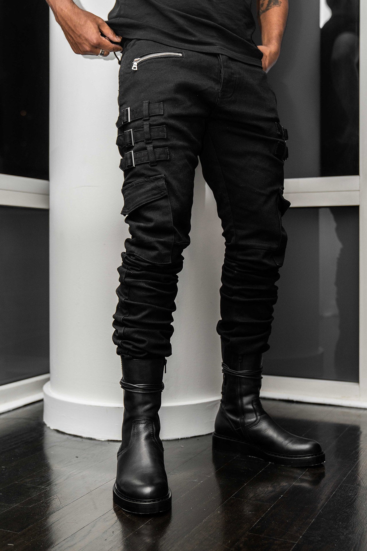 Black Omari Jeans, Close-up of hem stack detail 
