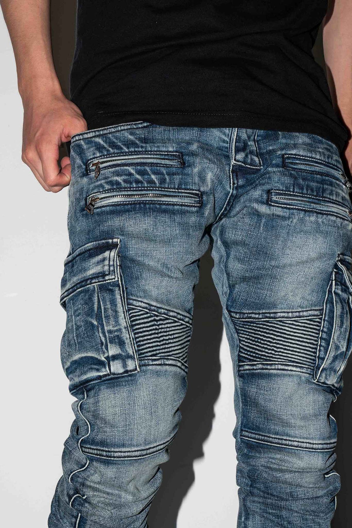 close up view of BIKER STACKED JEANS